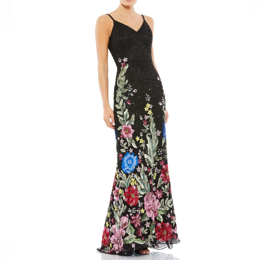 NWT Mac Duggal Black Floral Embellished Spaghetti Strap Beaded Gown, size 12